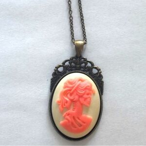 White and Pink Skeleton Lady Cameo Victorian Style Necklace, NWT, Handmade